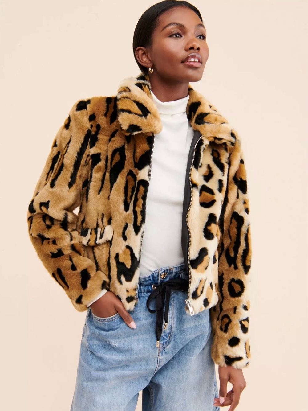 Anthropologie ICHI Leopard Print Faux Fur Jacket Sz 38 (M) Cropped Bomber Brown